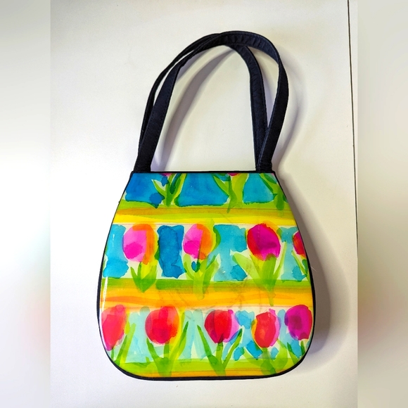 EUC Vintage Angela Frascone Pink Green Blue Black Plaid&Tulip minibag - Picture 4 of 5